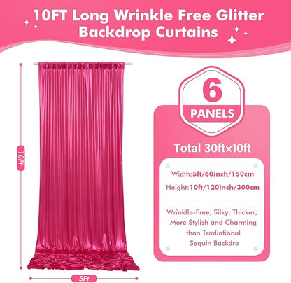 30x10ft Shimmer Hot Pink Sequin Backdrop Curtain for Parties-6 Panels 5x10ft Thick Wrinkle Free Glitter Fuchsia Photo Backdrop Drapes Curtains for Wedding Hot Pink Theme Party Photography Background