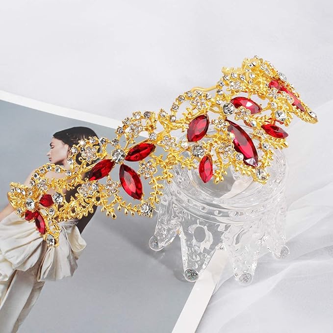 Gold Tiara and Crown for Women Red Gem Queen Crowns with Comb Rhinestones Headband for Girls Crystal Wedding Hair Accessories for Bachelor Party Bride Bridal Prom Halloween Costume Cosplay