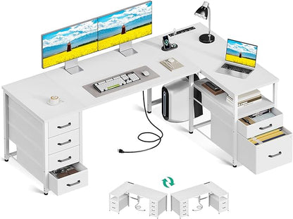 Coleshome L Shaped Computer Desk with 6 Drawers & Power Outlet, 63 Inch Office Desk with Reversible Storage Shelf & File Drawer, Home Office Desk, White