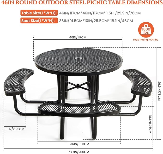 47'' Heavy-Duty Metal Picnic Tables with Umbrella Hole, Outdoor Steel Heavy Duty Commercial Grade Black Table, Outdoor Bench Set for Lawn, Patio, Park, Yard, Garden, Porch (Set A, Round)