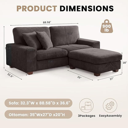 DOPEDIO L-Shaped Sectional Sofa with Storage Ottoman, Modern Chenille Recliner Loveseat, Removable Couch Covers, Pocket Spring Cushions, Solid Wood Frame, Easy to Install (88.58inch, Dark Grey)