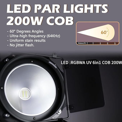 200W LED Stage Light, COB Par Lights with Barn Doors, DMX Blinder Stage Lighting Sound Activated for Wedding Live Show Christmas Party (6 Colors 1PC)