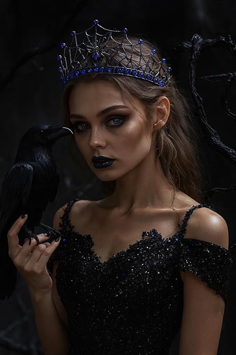 Gothic Black Spider Web Crown for Women Dark Queen Crystal Tiara Metal Headpiece Vampire Cosplay Masquerade Party Prom Night Witch Sorceress Costume Accessory