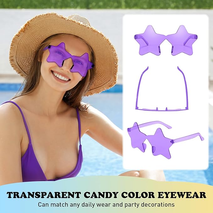 Matcheck 40 Pack Star Shaped Rimless Sunglasses Bulk Transparent Candy Colored Glasses Frameless Party Eyewear for Adults