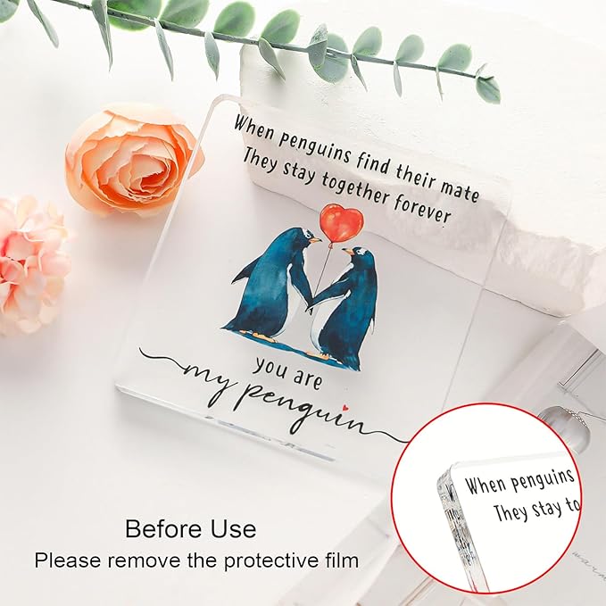 Valentines Day Gift for Her Him - Wedding Anniversary Acrylic Plaque Keepsake - Penguin Romantic I Love You Gifts for Couple Wife Husband Girlfriend Boyfriend Fiancee (Penguin)