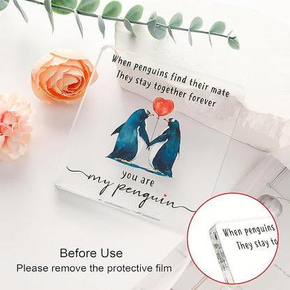 Valentines Day Gift for Her Him - Wedding Anniversary Acrylic Plaque Keepsake - Penguin Romantic I Love You Gifts for Couple Wife Husband Girlfriend Boyfriend Fiancee (Penguin)