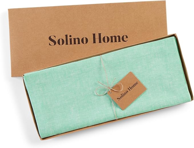 Solino Home Linen Table Runner 120 Inches Long - Athena, 100% Pure Linen Chambray Aqua Dining Table Runner 14 x 120 Inch for Thanksgiving