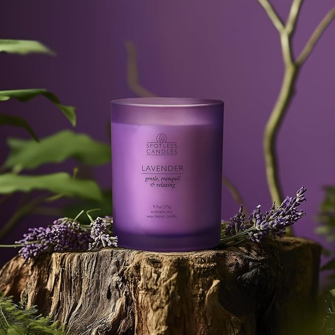 Lavender Candle - 9.7 oz /275g Lavender Scented Candle in Purple Glass Jar with Wooden Lid and Wooden Crackling Wick in a Luxurious Gift Box - Gentle, Tranquil and Relaxing
