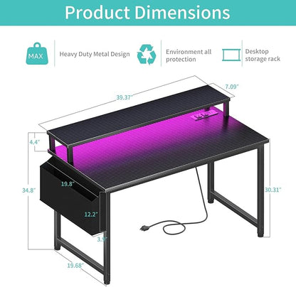 Lufeiya Gaming Desk with Power Outlets and LED Lights, 40 Inch Gamer Desk Table with Charging Station, Home Office Computer Desks with Monitor, Black