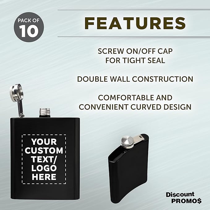Custom Murano Stainless Steel Hip Flasks 6 oz. Set of 10, Personalized Bulk Pack - Screw on Cap, Great for Wedding Party Gifts, Groomsmen Gifts, Outdoor Activities - Black