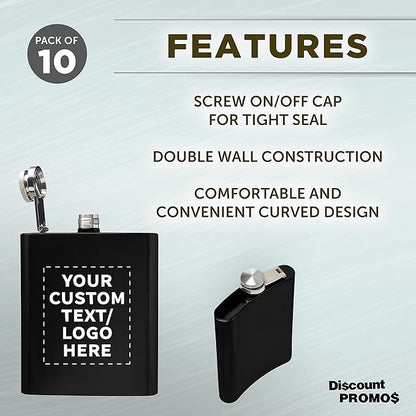 Custom Murano Stainless Steel Hip Flasks 6 oz. Set of 10, Personalized Bulk Pack - Screw on Cap, Great for Wedding Party Gifts, Groomsmen Gifts, Outdoor Activities - Black