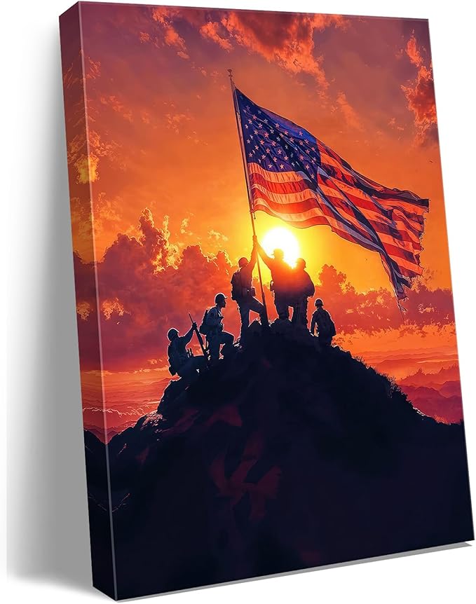 Ploceiny American july 4th Canvas Print Wall Art - Patriotic 4th of July USA Decorations, Soldiers Raising Flag on Mountain Sunrise, Veteran Memorial Gift, Independence Day Office & Home Decor, A-383