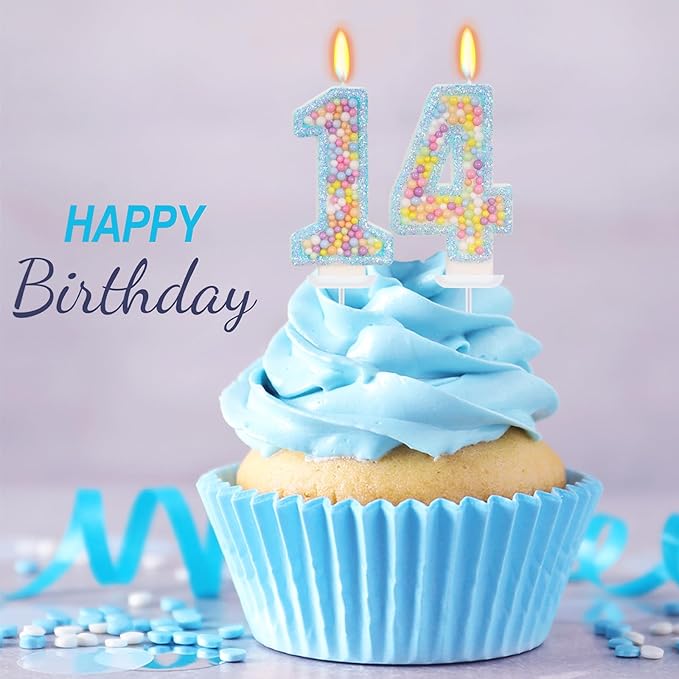 Blue Birthday Candles - Number 14 Candle, Colorful Macaron Candles, 14 Birthday Decorations for Girls Boys, Cake Decorations, Theme Party Supplies (Blue)