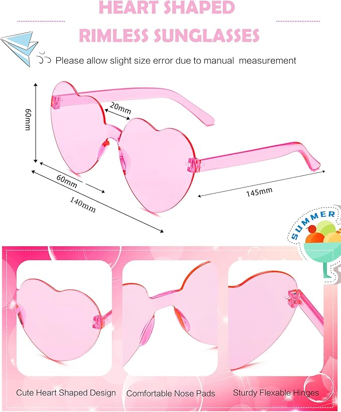 100 Pairs Heart Shaped Sunglasses for Women, Colorful Rimless Fun Heart Sunglasses Bulk Party Favors