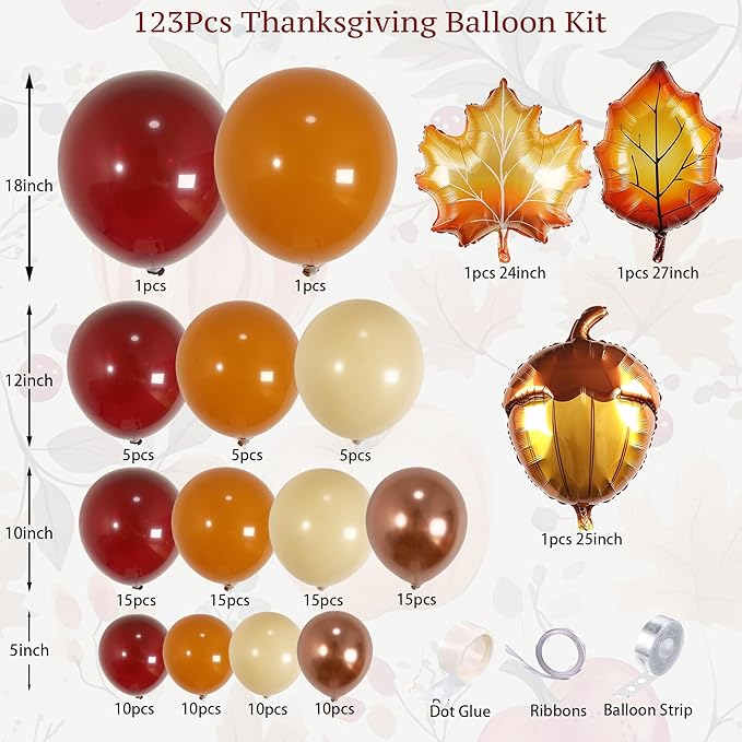 123Pcs Fall Balloon Garland Arch Kit, Burgundy, Orange, Nude, Metallic Rose Gold Balloons with Leaf Chestnut Balloons, for Autumn Thanksgiving Balloon Arch, Baby Shower Party Decorations
