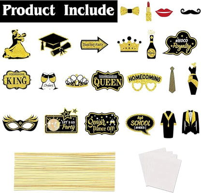 Generic 23pcs Homecoming Dance Photo Booth Props, Blcak gold Homecoming Dance Photo Booth Props, Homecoming Photo Booth Props for High School or College