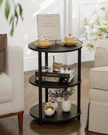 Small Round End Table - 3 Tier Design Accent Table, Narrow Side or Bedside Stand, Industrial Vintage Nightstand for Bedroom, Living Room, or Small Spaces, Set of 2, Charcoal Wenge