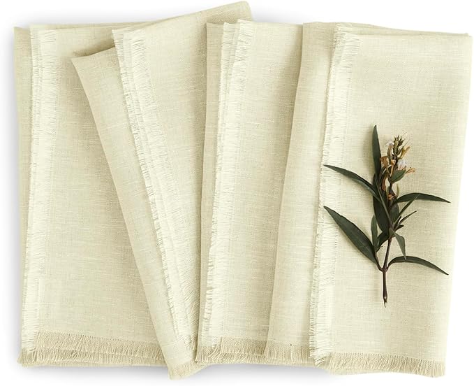 Solino Home Fringe Linen Napkins Set of 4-100% Pure Linen Creamy Ivory Dinner Napkins 20 x 20 Inch for Fall, Autumn, Christmas, Holiday, New Year - Handcrafted and Machine Washable
