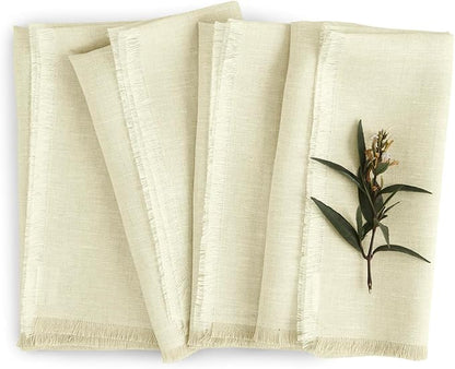 Solino Home Fringe Linen Napkins Set of 4-100% Pure Linen Creamy Ivory Dinner Napkins 20 x 20 Inch for Fall, Autumn, Christmas, Holiday, New Year - Handcrafted and Machine Washable