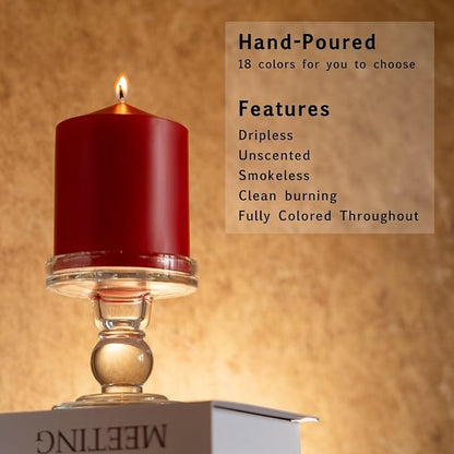 MOZEAL 3" x 4" Hand-Poured Unscented Red Pillar Candles,Dripless Candles Set of 3,Smokeless,Clean Burning,Approx 60 Hours Burn Time,Wedding,Dinner,Christmas and Home Decor（3 Inch Width Series）