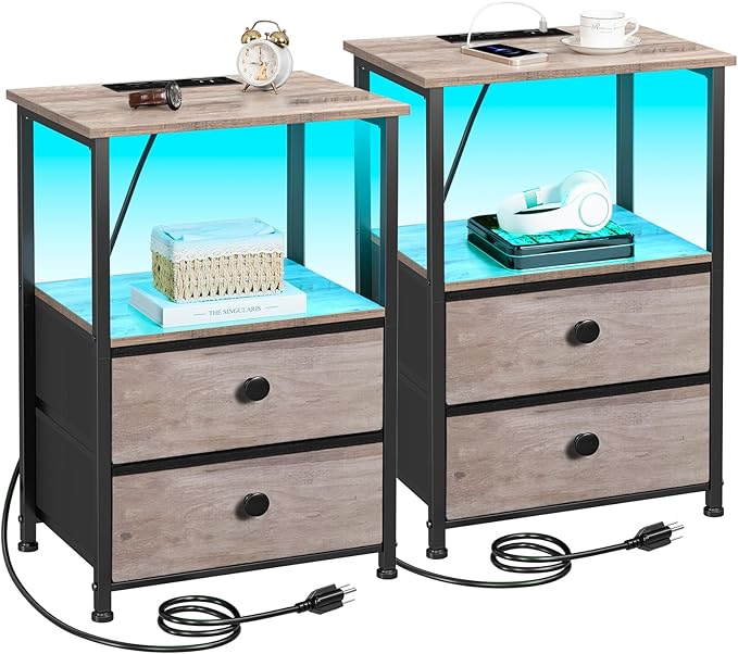 Night Stand Set 2, LED Nightstand with Charging Station, End Tables with Storage Shelf, Bedside Table with 2 Fabric Drawers for Bedroom, Small Spaces, Grey HETS02PGY
