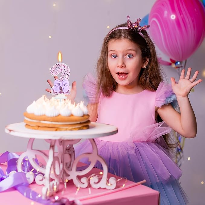 Birthday Candle for Cake, 2 Candle - Purple Glitter with Bowknot, 2.76 inch Cake Topper Decoration for Two Years Old Birthday Party (Number 2)