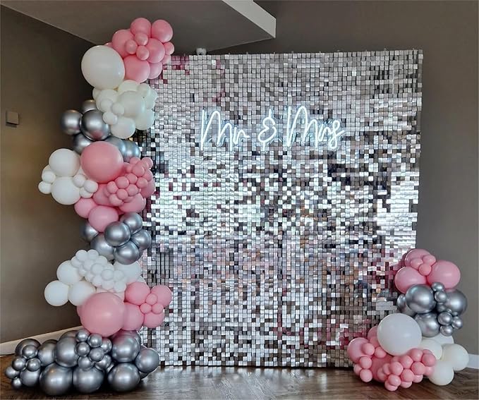 Shimmer Wall Backdrop Silver Square Sequin Wall Panel Backdrop Decor for Wedding, Anniversary, Birthday, Party, 36 Panels