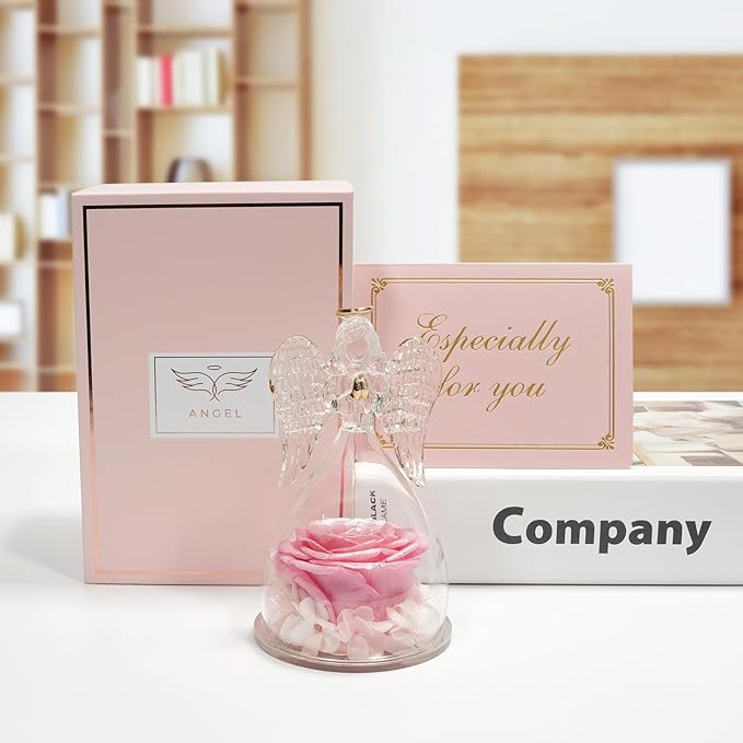 Miofula Preserved Flower Rose Birthday Gifts for Mom, Angels Figurines with Forever Real Rose Gifts for Women Mom Grandma, Angels Gifts for Valentines Anniversary (Pearlescent Pink)