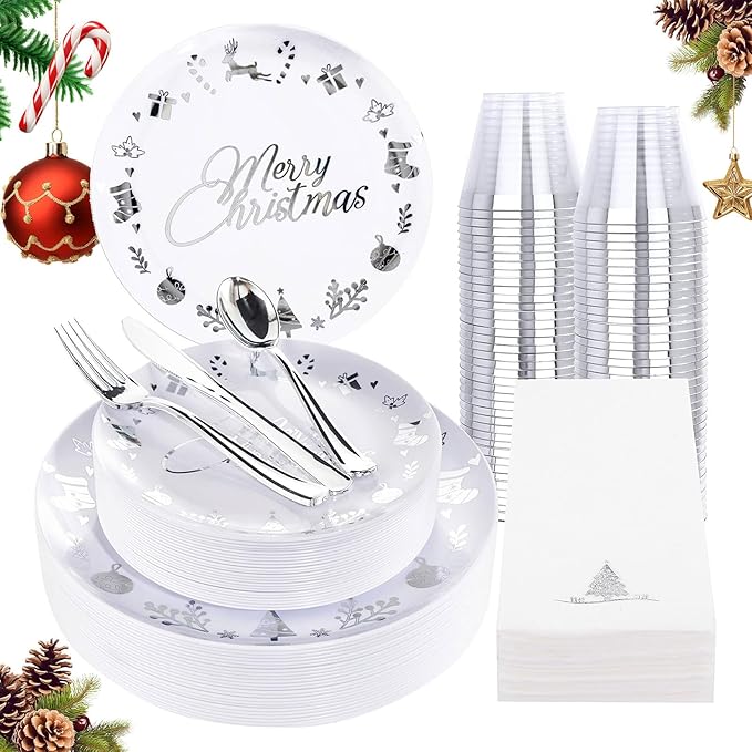 Ciaell 175PCS Christmas Plastic Plates - White and Silver Plastic Plates for 25 Guests - Include 50 Disposable Plate, 25 Knives, 25 Spoons, 25 Forks and 25 Christmas Tree Napkins for Xmas Party
