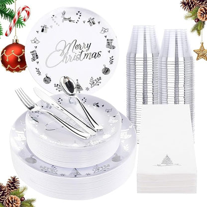 Ciaell 175PCS Christmas Plastic Plates - White and Silver Plastic Plates for 25 Guests - Include 50 Disposable Plate, 25 Knives, 25 Spoons, 25 Forks and 25 Christmas Tree Napkins for Xmas Party