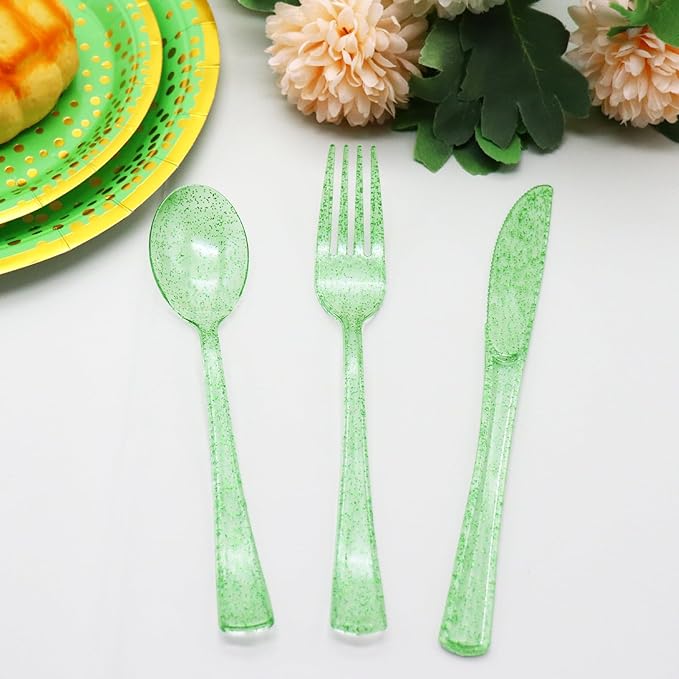 150 PCS Green Plastic Silverware, Green Glitter Plastic Utensils - 50 Forks, 50 Knives, 50 Spoons for Birthday, Baby Shower, Picnic, Graduation Party