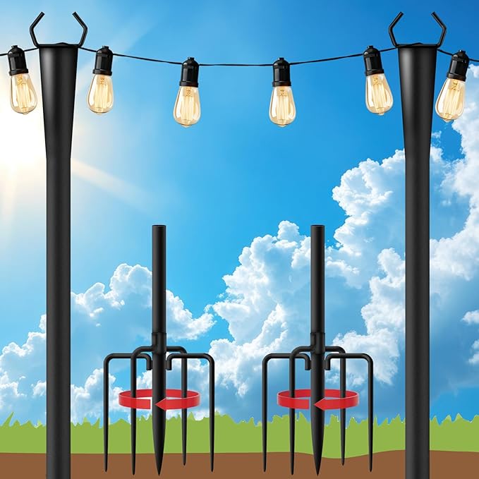 2 Pack 10Ft String Light Poles for Outside, Metal Outdoor Light Poles with 5 Prongs for Garden Patio Backyard Deck, Fence Bracket Hanging Light for Party Wedding Decor