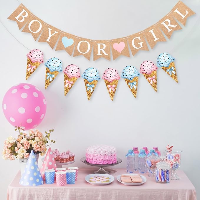 2 Pcs Gender Reveal Party Decorations Pre-strung Boy or Girl Burlap Baby Shower Banner and Ice Cream Cone Banner for Gender Reveal Birthday Baby Shower Party Decorations