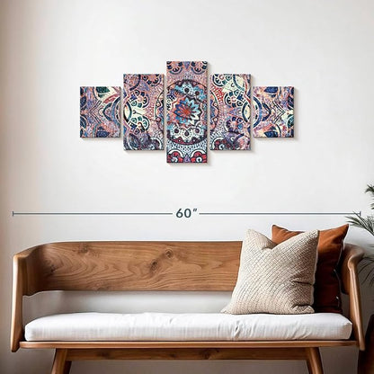 ElephantStock - Mandala Enchantment Wall Art - Horizontal Multi Panel Canvas - 5 Piece Living Room Wall Decor - Digital Art Elements Multi Piece Wall Art - Blue And Beige Decor - 42" x 19"