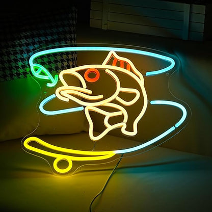 Fishing Neon Sign Dimmable Fish Neon Light for Wall Decor LED USB Powered Fishing Hook Lights for Fishing Gear Store Yacht Man Cave Living Room Boys Gifts(Multicolor 15.7‘’*12.4‘’）
