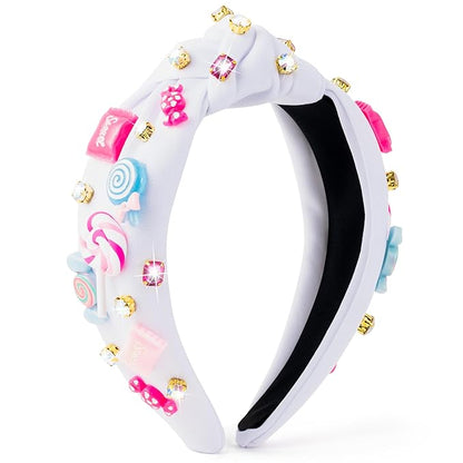 PANTIDE Candy Jeweled Knotted Headband - Christmas Sugar Lollipop Rhinestone Crystal Embellished Preppy Headband Wide Top Knot Fashion Hair Accessories Candyland Birthday Gift for Women Girls (White)