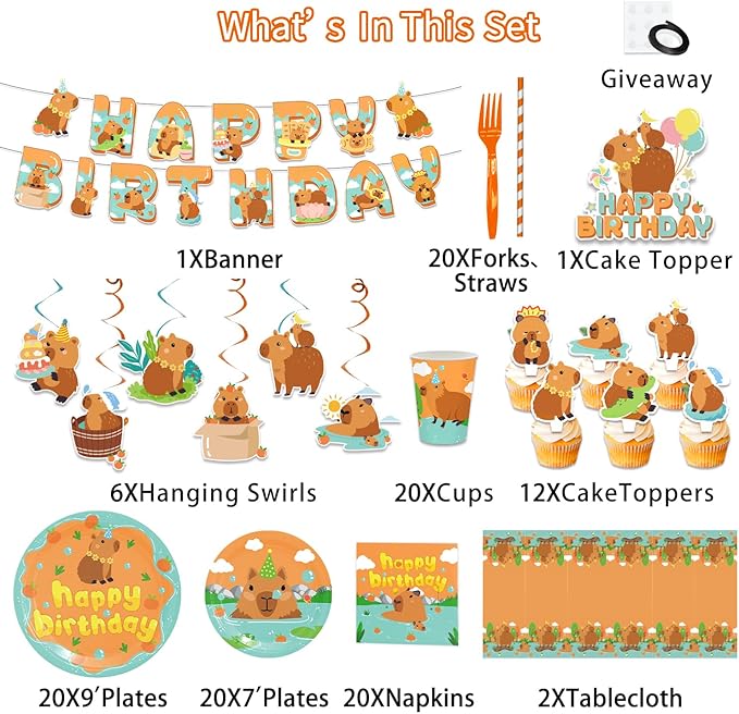 162PCS Capybara Birthday Party Decorations, Capybara Party Supplies Disposable Plates and Napkins Set, Tableware,Banner, Hanging Swirls, Tablecloth, Cake Cupcake Topper, Baby Shower