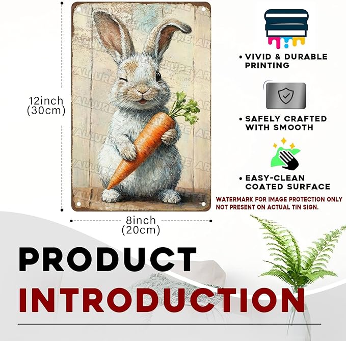 Charming Easter Bunny Metal Sign Vintage Bunny Carrots Rustic Farmhouse Wall Art For Spring Home Decor Living Room Bedroom Kitchen 8x12Inch