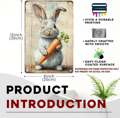 Charming Easter Bunny Metal Sign Vintage Bunny Carrots Rustic Farmhouse Wall Art For Spring Home Decor Living Room Bedroom Kitchen 8x12Inch