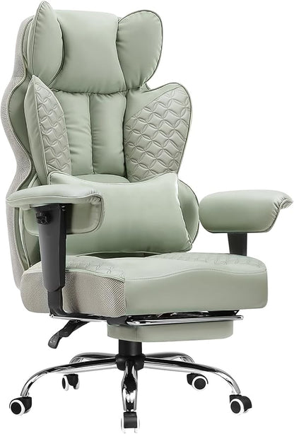 COMHOMA Big and Tall Office Chair Wide Ergonomic Gaming Chair with Deluxe Embossing Designed Leather with Foot Rest,150°Reclining Adjustable Armrests Pocket Spring Back Support and Pillow