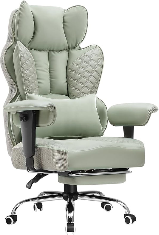 COMHOMA Big and Tall Office Chair Wide Ergonomic Gaming Chair with Deluxe Embossing Designed Leather with Foot Rest,150°Reclining Adjustable Armrests Pocket Spring Back Support and Pillow