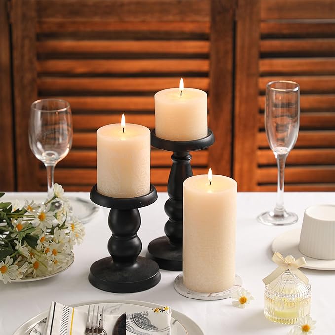 Ivory Pillar Candles - Set of 3, Hand-Poured Unscented, Long Burning, Large, Smokeless Dripless for Dinner Table, Wedding, Home, Bathroom, Rustic Decor