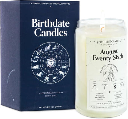 Birthdate Candles, August 26 - Virgo Zodiac Scented Candles Birthday Gift - Sage, Jasmine & Palo Santo Scent - All-Natural Soy & Coconut Wax, 60-80 Hour Burn Time - Made in USA
