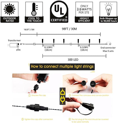 kemooie 300 LED Purple Christmas Lights, 99FT Connectable 8 Lighting Modes Plug in Fairy Lights, Waterproof for Outdoor, Halloween Christmas Wedding Party Garden Decorations (Purple