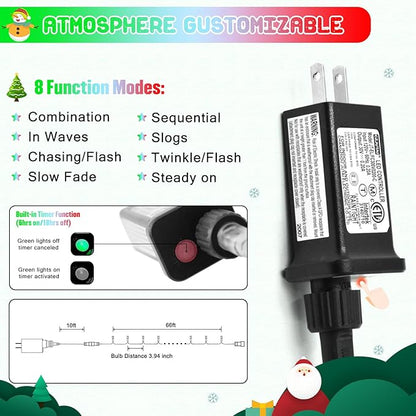JMEXSUSS 200 LED Red White and Green Christmas Lights Outdoor, 66ft Connectable Twinkle String Lights Plug in, 8 Modes Waterproof Christmas Tree Lights for Outside Indoor Yard Xmas Decoration
