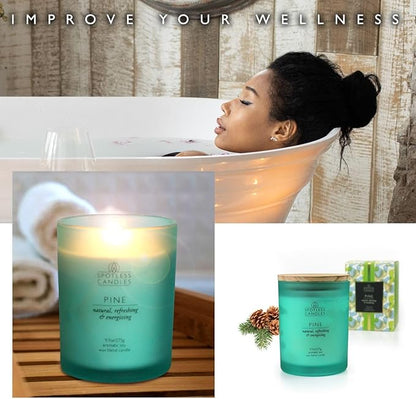 Pine Candle - 9.7 oz /275g 45-55 Hours Burn Time in Green Frosted Glass Jar with Wooden Lid and Wooden Crackling Wick in Luxurious Gift Box - Natural, Refreshing and Energising
