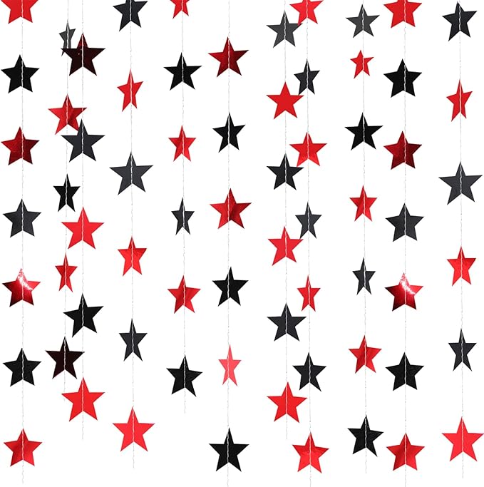 Patelai Glitter Star Garland Banner Christmas Decor 130 Feet Star Hanging Bunting Banner Twinkle Backdrop for Homecoming Classroom Wedding Birthday Halloween Party Supplies(Red,Black)