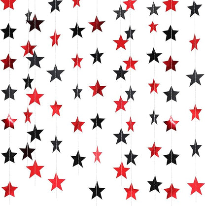 Patelai Glitter Star Garland Banner Christmas Decor 130 Feet Star Hanging Bunting Banner Twinkle Backdrop for Homecoming Classroom Wedding Birthday Halloween Party Supplies(Red,Black)