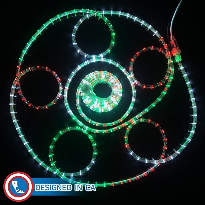 Russell Decor 60ft/648 LEDs Rope Lights Indoor Outdoor Decorative Lighting for Party Trees Patio Deck Flexible String Lights(Red White Green)