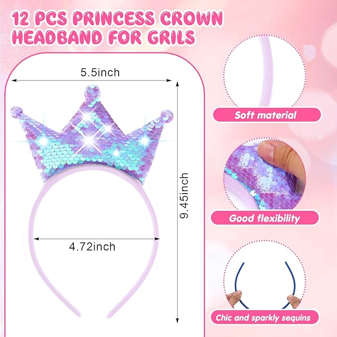 Juexica 12 Pack Princess Party Favors Princess Crowns Headband Decorations Glitter Sequin Headband for Birthday Proms Gifts(Mixed Colors,Sequin)